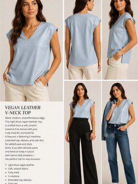 Vegan Leather V-Neck Top - Light Blue